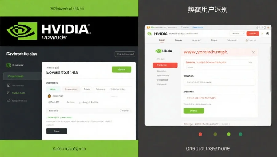 一张对比图，左侧是真实辉达官网下载页面，右侧是假冒网站，突出显示网址和界面差异，提醒用户辨别