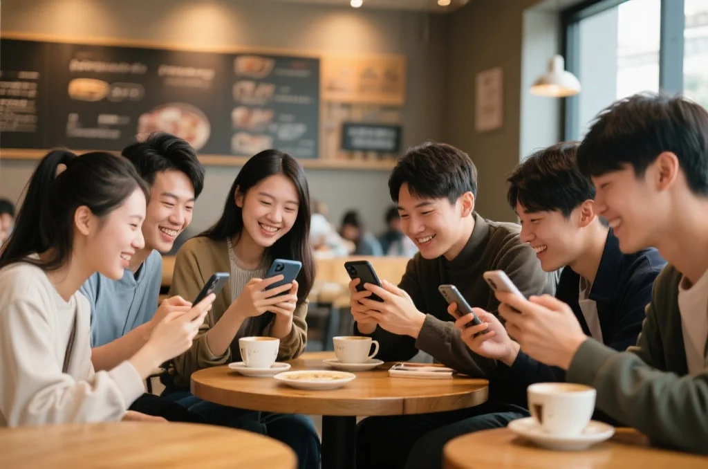 一群年轻用户围坐在咖啡厅里，使用手机参与线上社区互动，气氛轻松愉快
